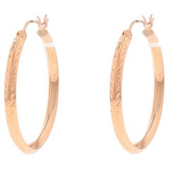 Rose Gold Etched Leaf Hoop Earrings - 14k Nature Knife-Edge Pierced