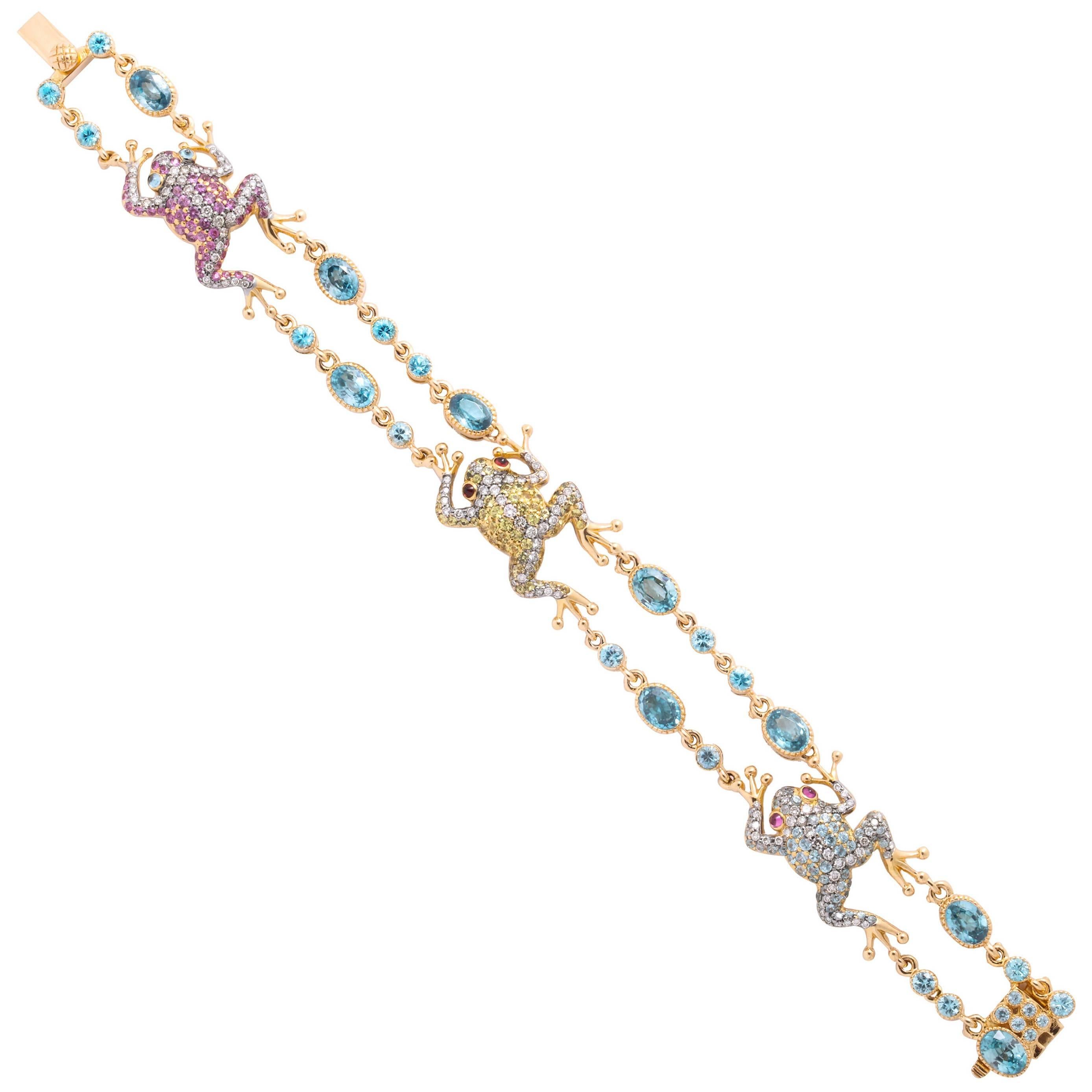 Rose Gold Fancy Link Gemstone and Diamond Strap Bracelet For Sale