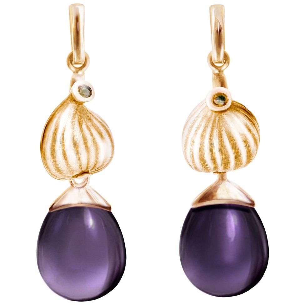Rose Gold Fig Cocktail Drop Earrings with Amethysts and Diamonds by the Artist For Sale