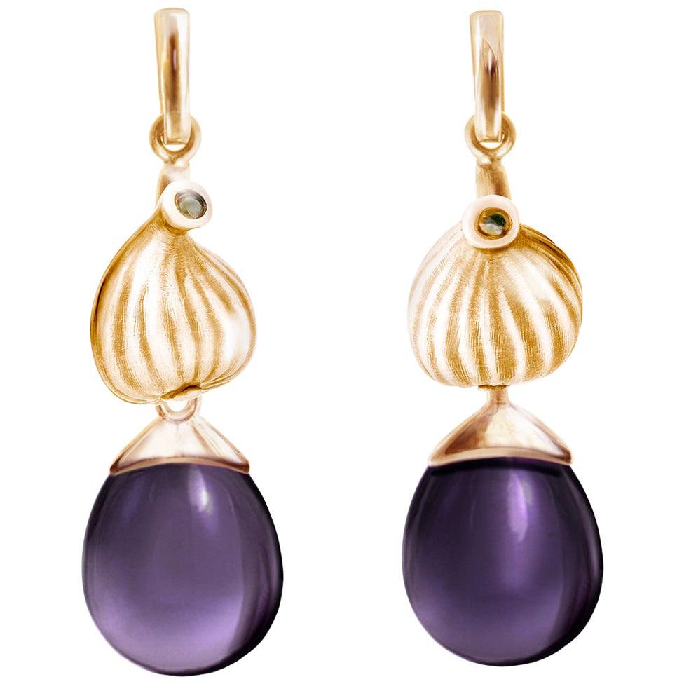 Pendientes Gota Cóctel de Higo de Oro Rosa con Amatistas y Diamantes de Artista