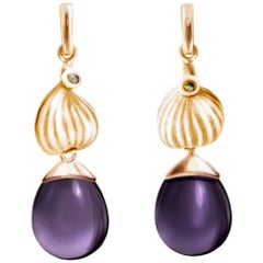 Rose Gold Fig Cocktail Drop Earrings with Amethysts and Diamonds by the Artist