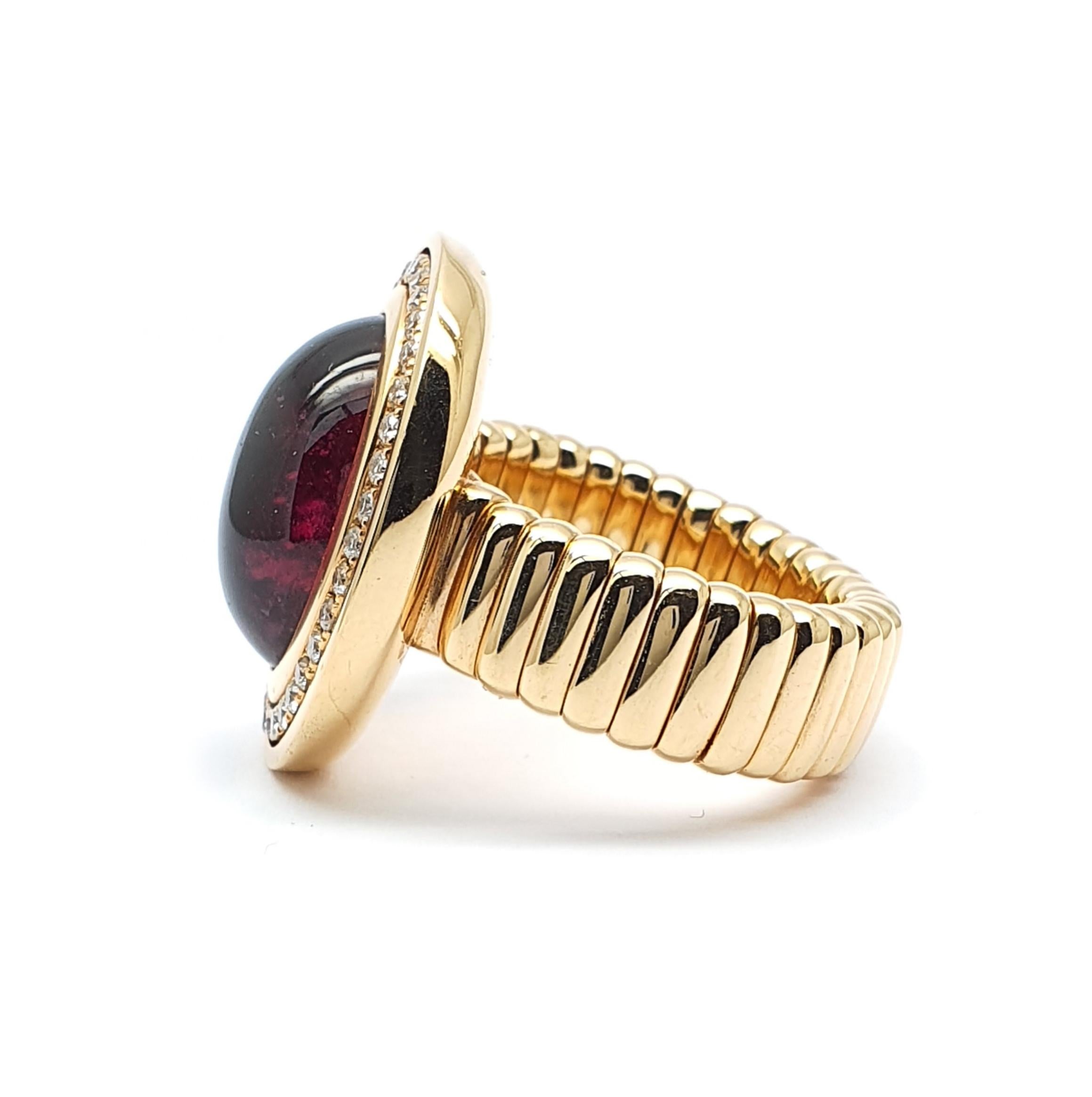 Oval Cut Rose Gold Flex Ring with a 10 Carat Bordeaux Red Tourmaline and 36 Diamonds For Sale