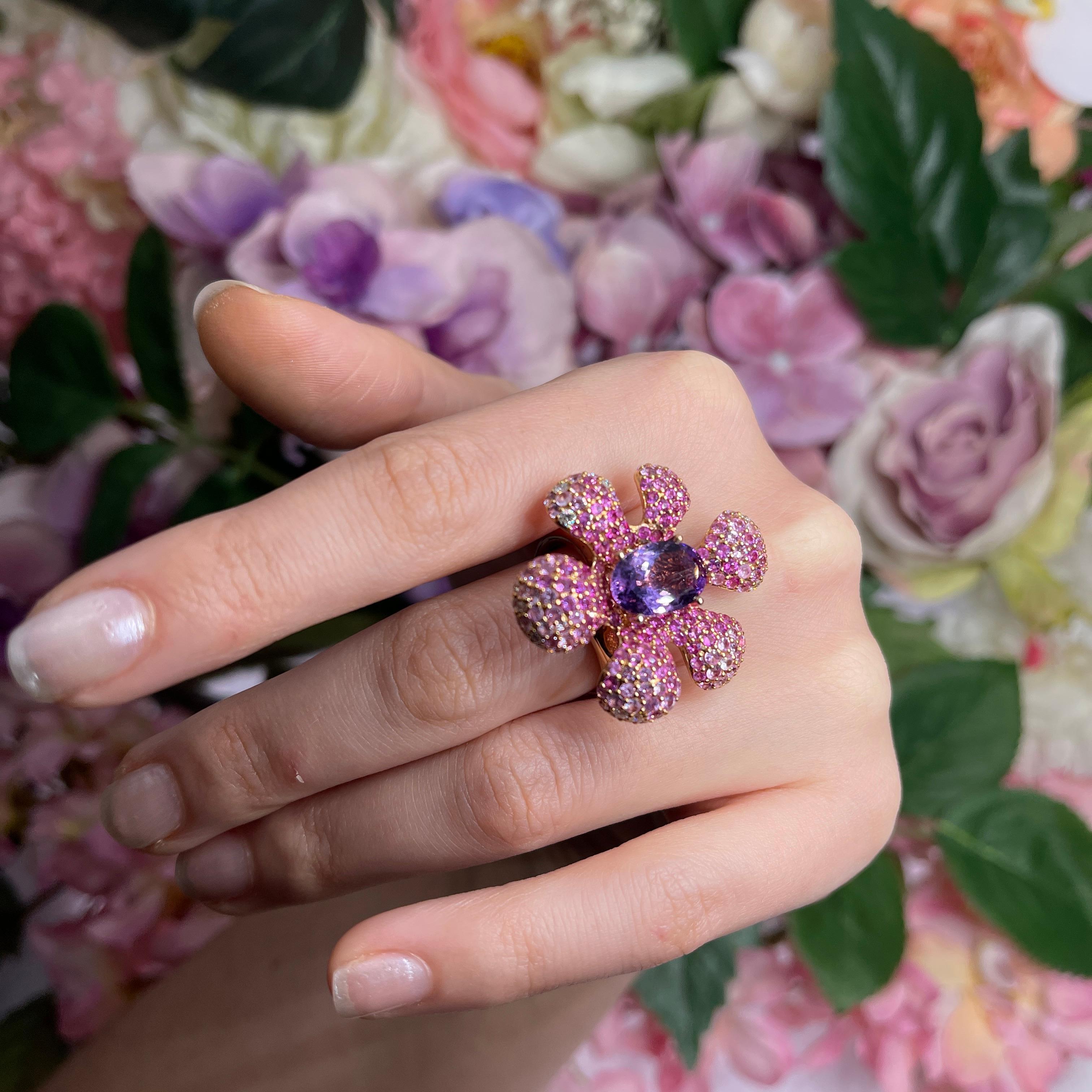 Rose Gold Flower Ring with Pink Sapphires, Amethyst, and Diamonds For Sale 5