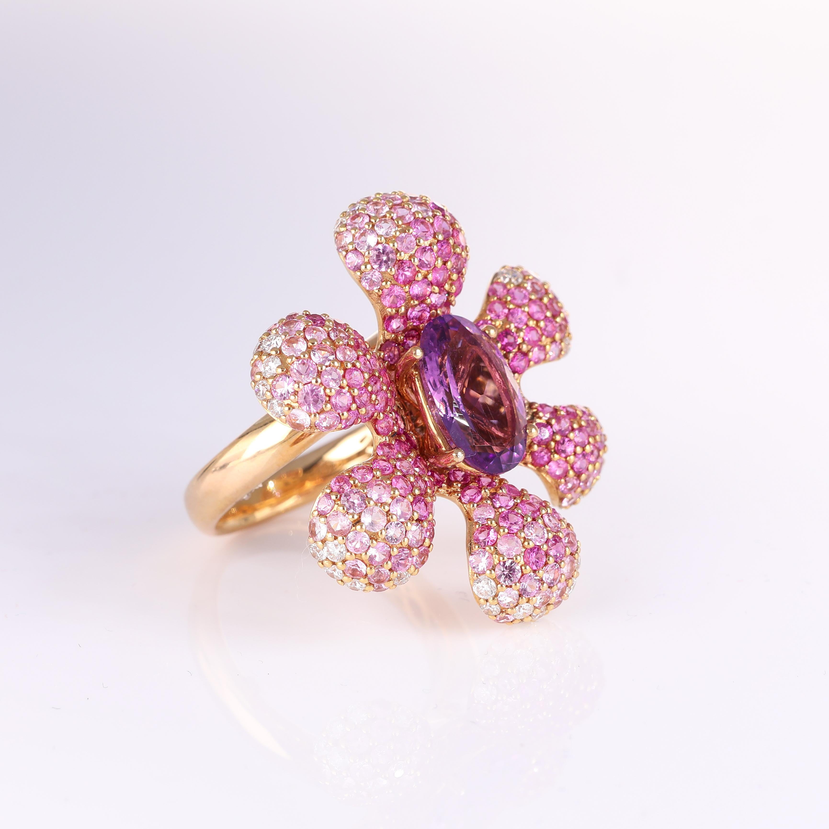 Brilliant Cut Rose Gold Flower Ring with Pink Sapphires, Amethyst, and Diamonds For Sale