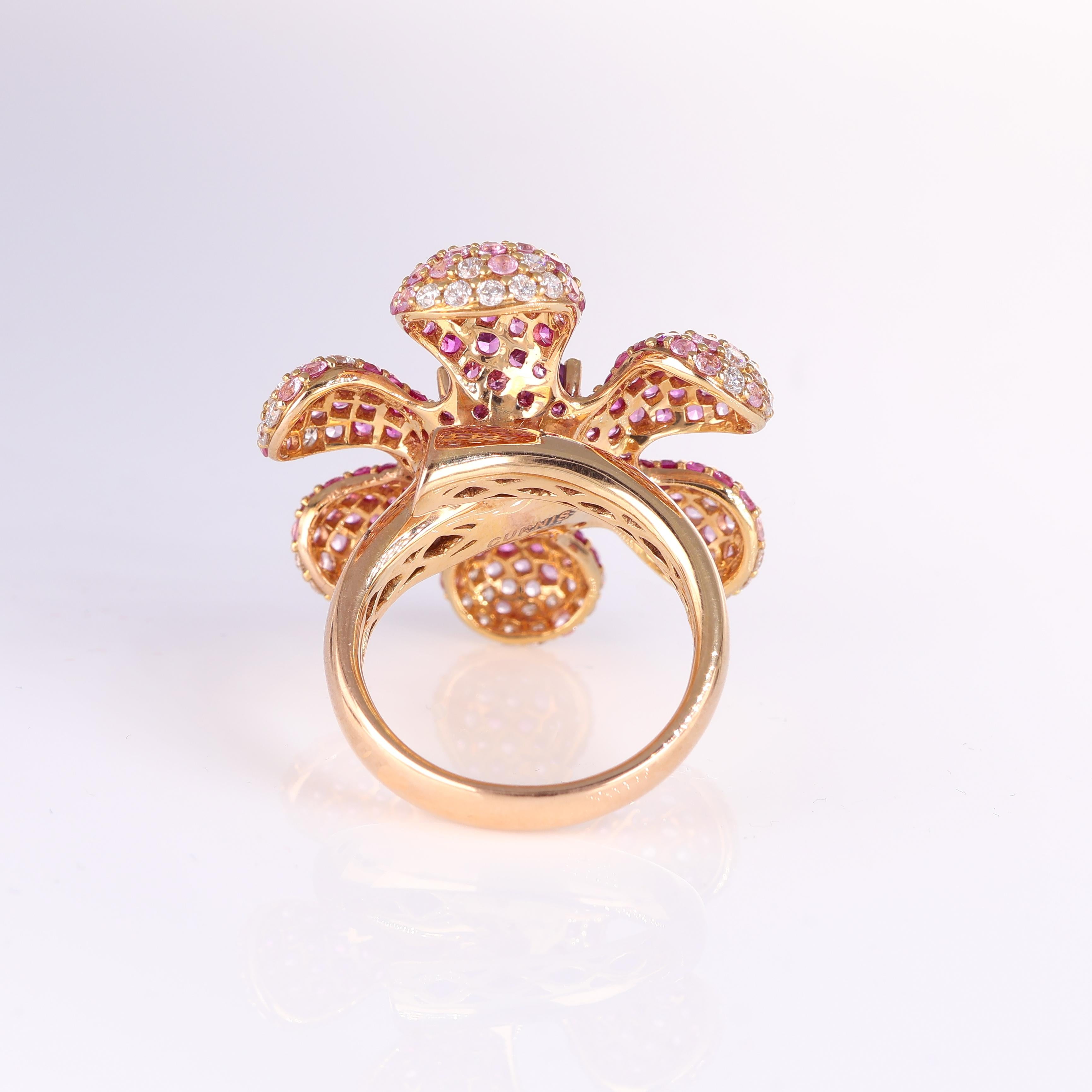 Women's or Men's Rose Gold Flower Ring with Pink Sapphires, Amethyst, and Diamonds For Sale