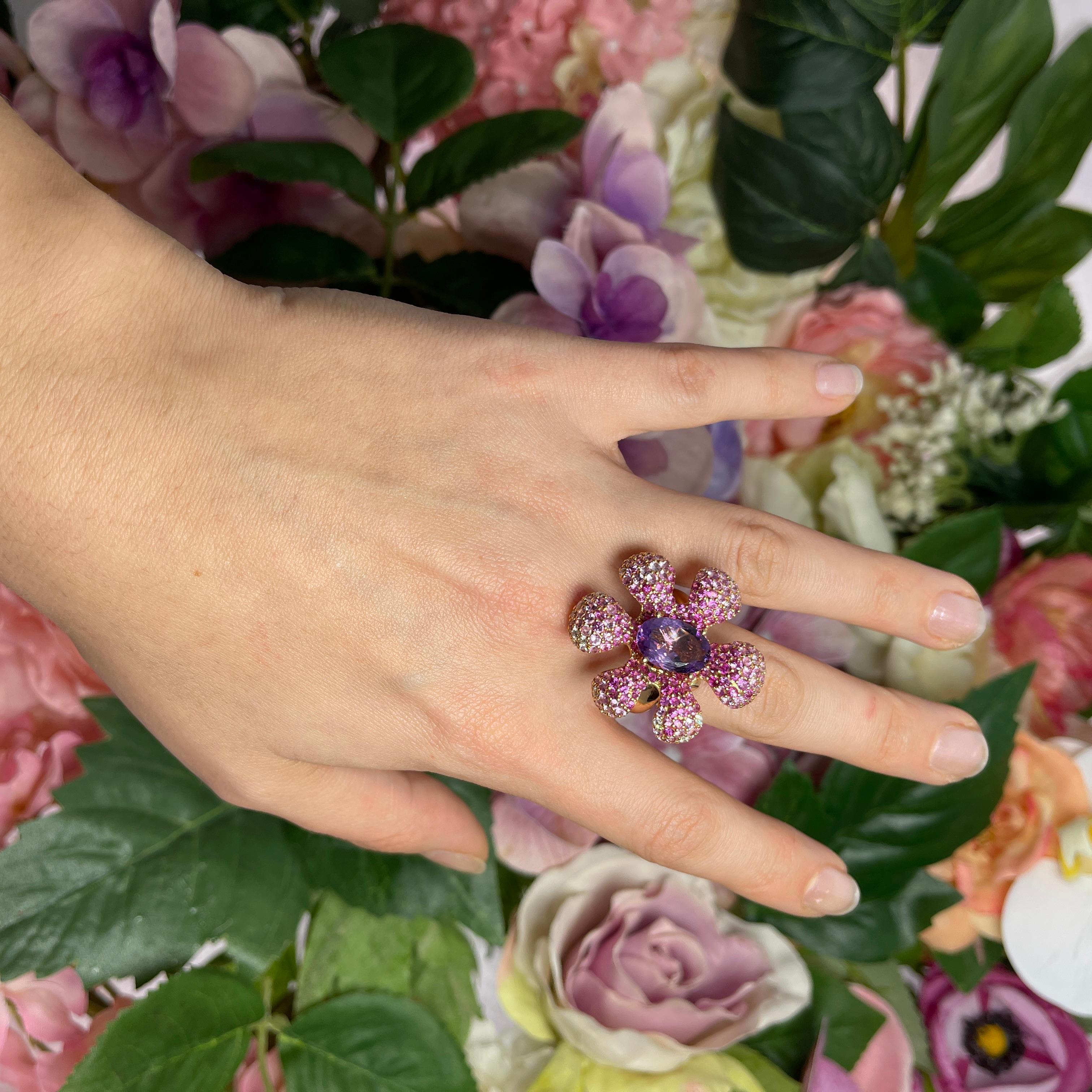 Rose Gold Flower Ring with Pink Sapphires, Amethyst, and Diamonds For Sale 2