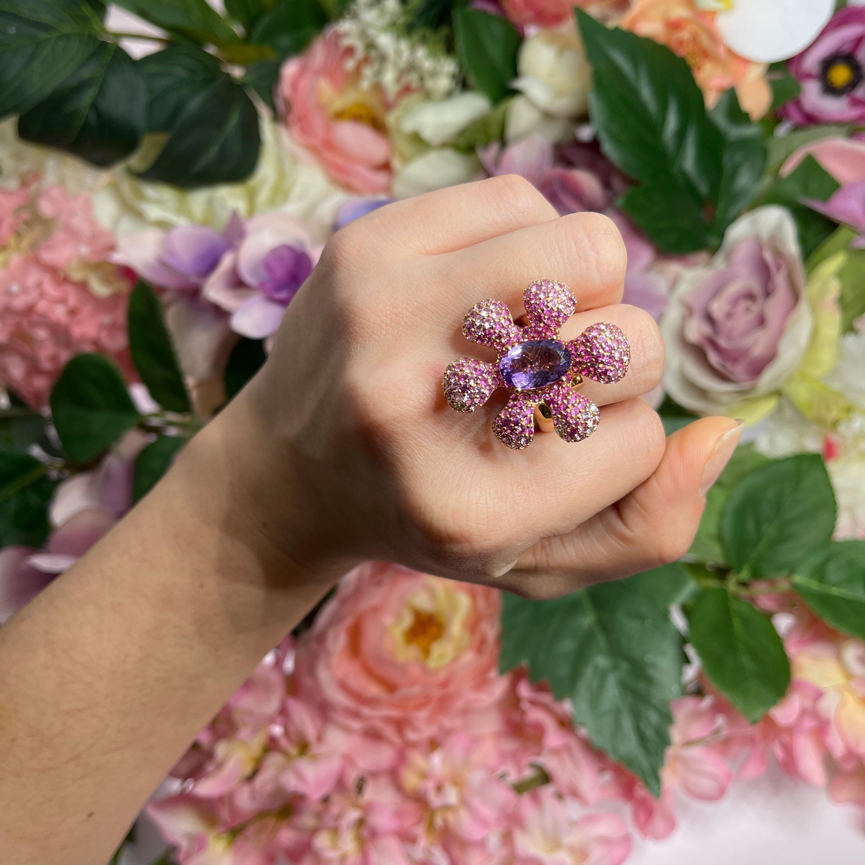 Rose Gold Flower Ring with Pink Sapphires, Amethyst, and Diamonds For Sale 3