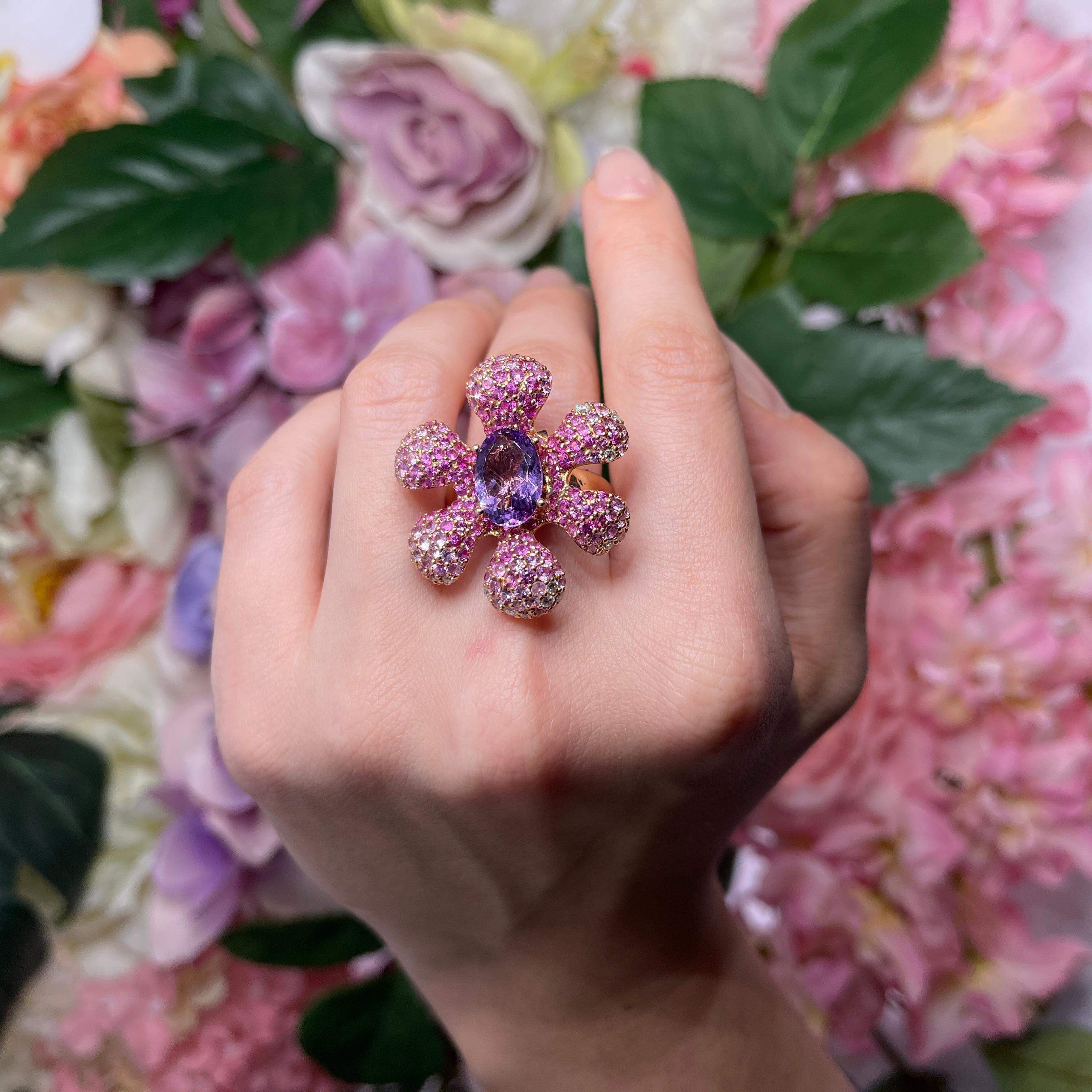 Rose Gold Flower Ring with Pink Sapphires, Amethyst, and Diamonds For Sale 4