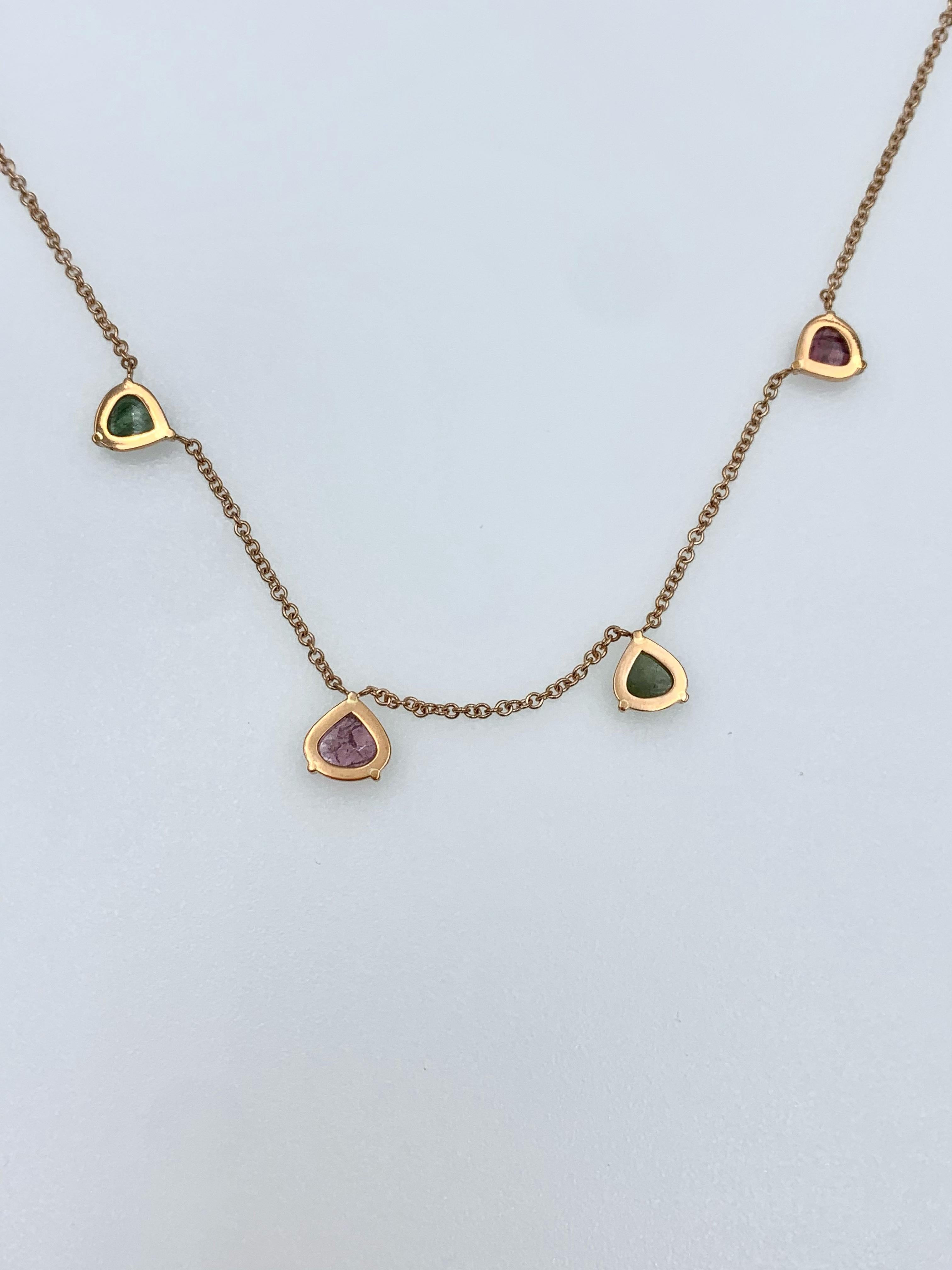 Contemporary Rose Gold Four Tourmaline Green and Pink Drop Cabochon Chain Chocker Necklace For Sale