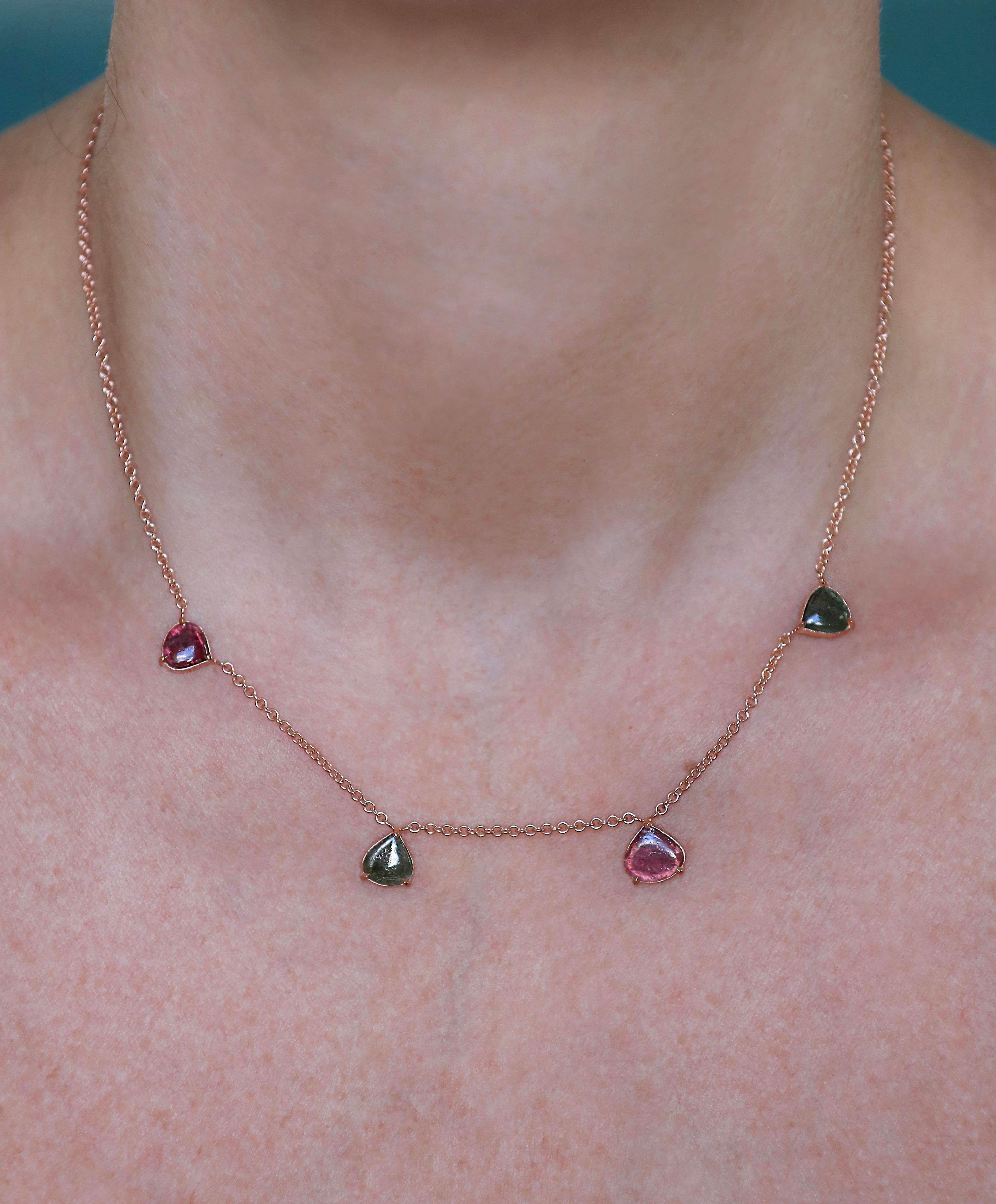 Rose Gold Four Tourmaline Green and Pink Drop Cabochon Chain Chocker Necklace For Sale 1