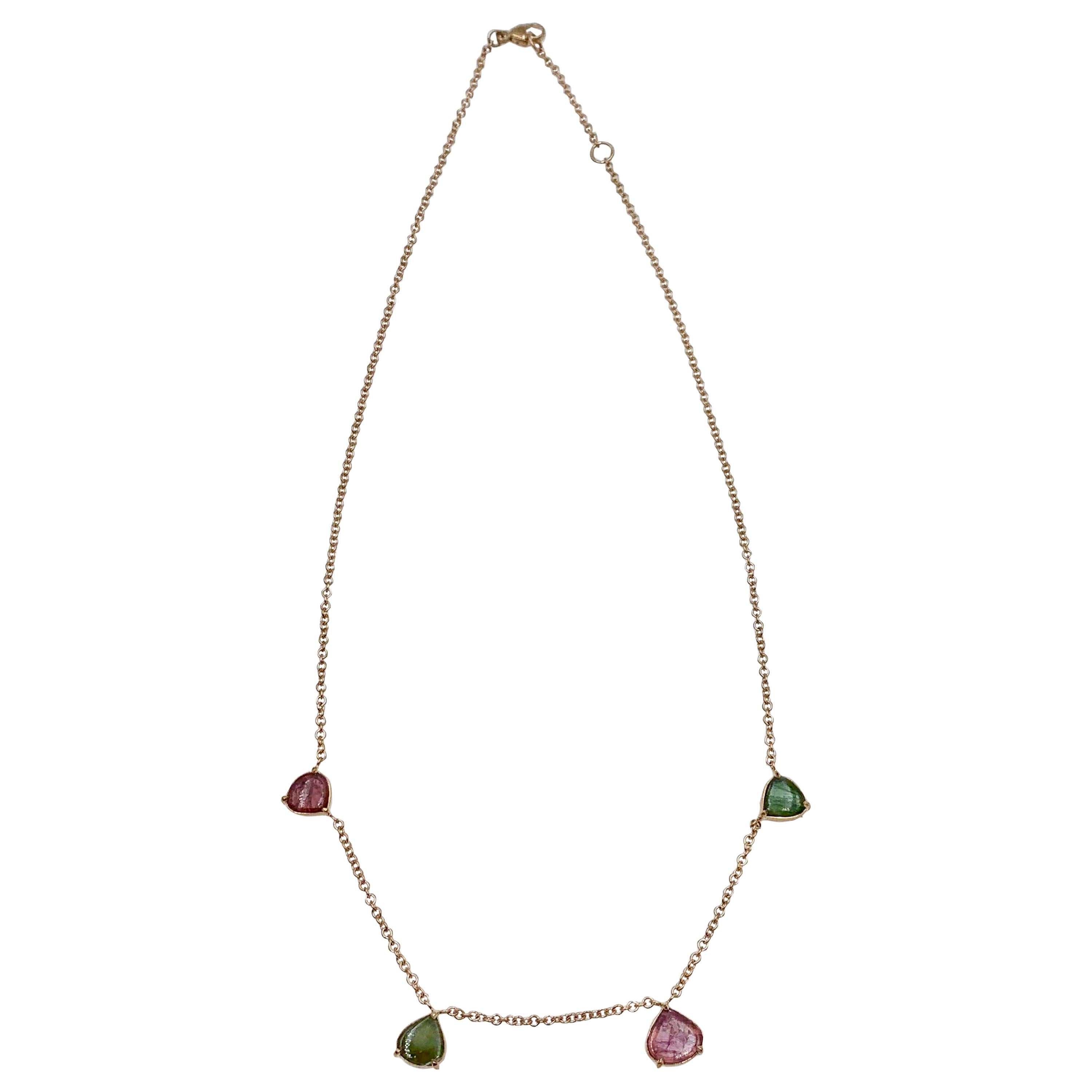 Rose Gold Four Tourmaline Green and Pink Drop Cabochon Chain Chocker Necklace