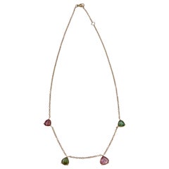 Rose Gold Four Tourmaline Green and Pink Drop Cabochon Chain Chocker Necklace