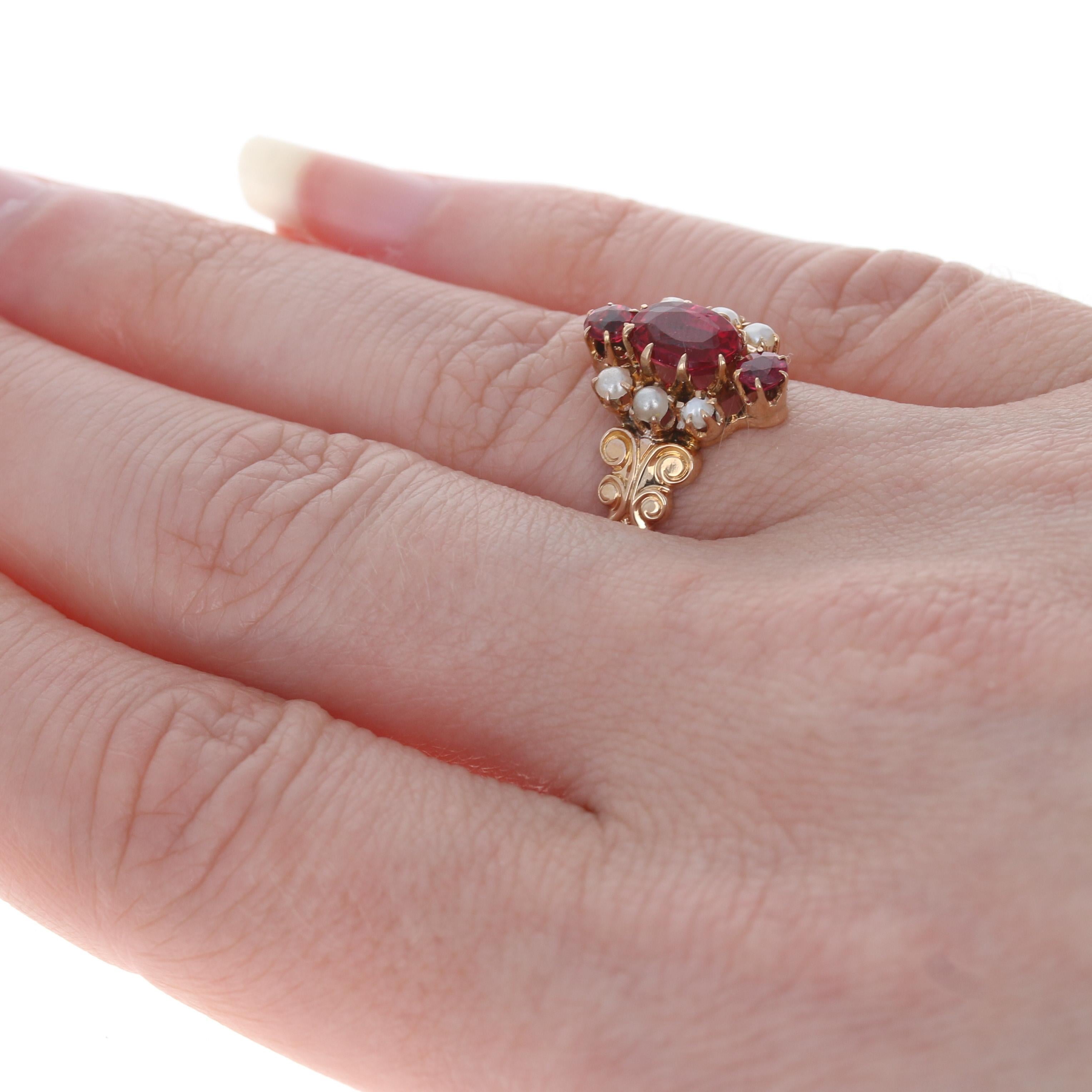 Rose Gold Garnet / Glass Doublet & Halved Pearl Victorian Ring, 10k Oval Antique In Excellent Condition In Greensboro, NC