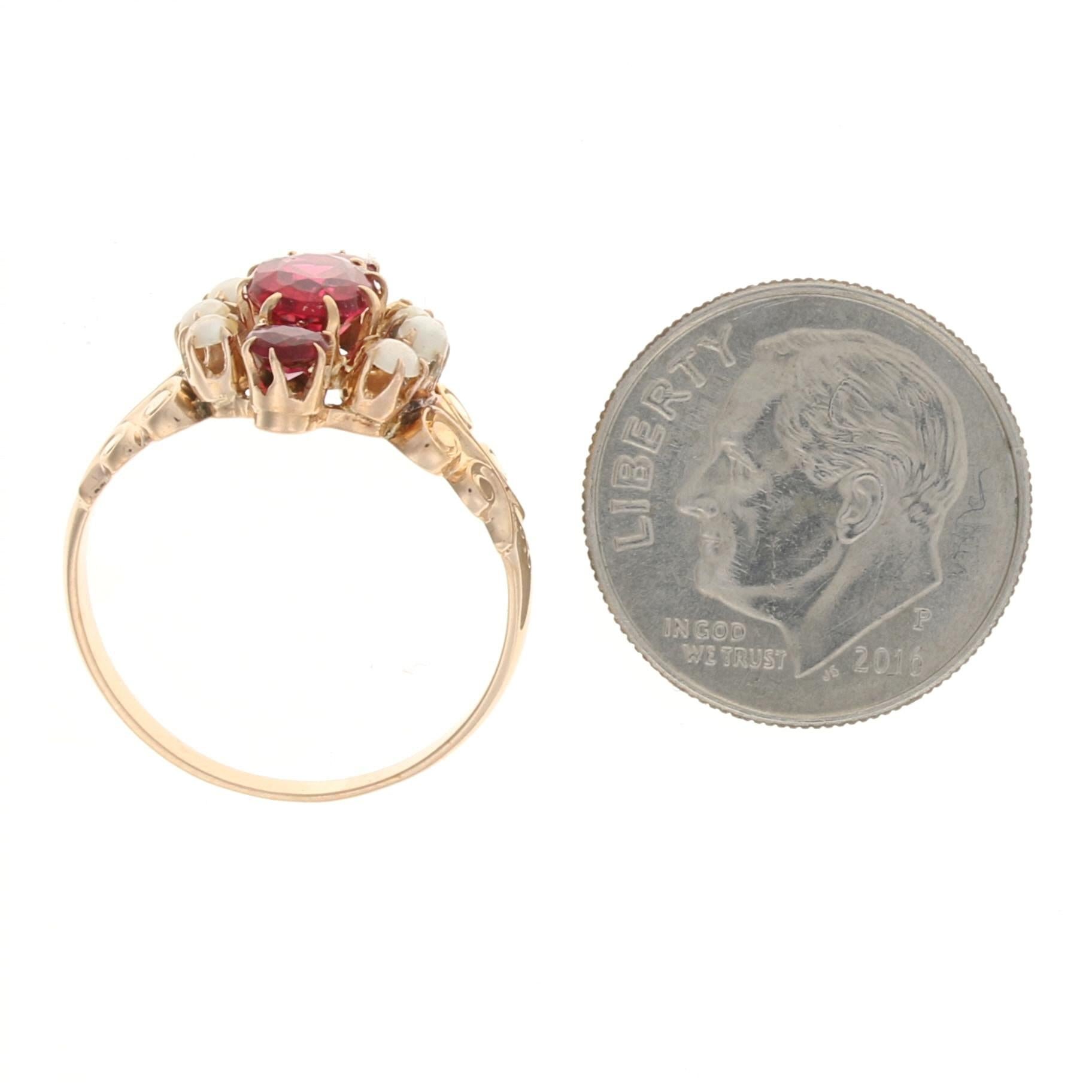 Women's or Men's Rose Gold Garnet / Glass Doublet & Halved Pearl Victorian Ring, 10k Oval Antique