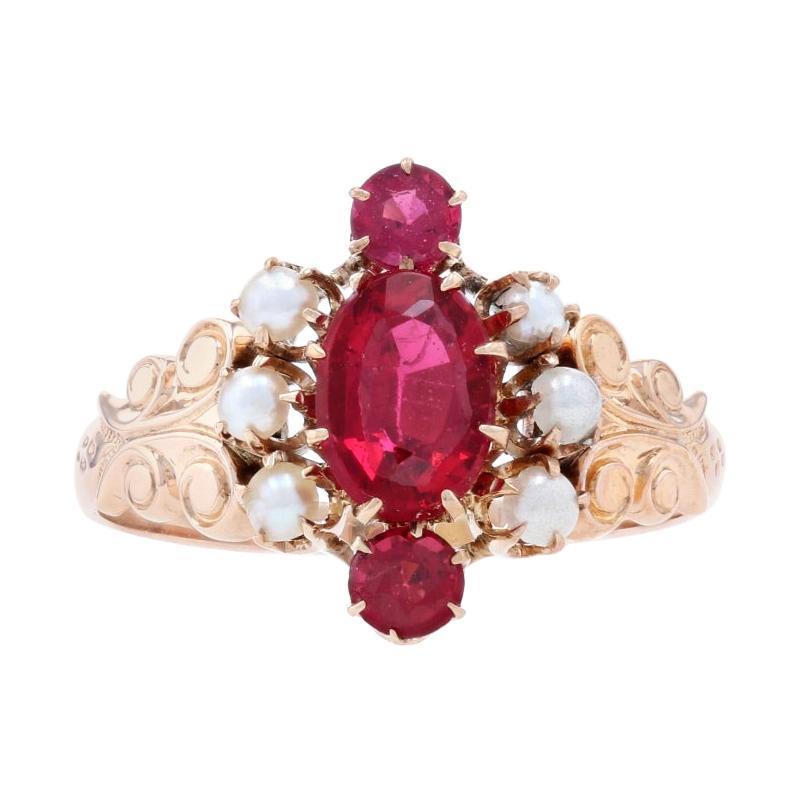 Rose Gold Garnet / Glass Doublet & Halved Pearl Victorian Ring, 10k Oval Antique