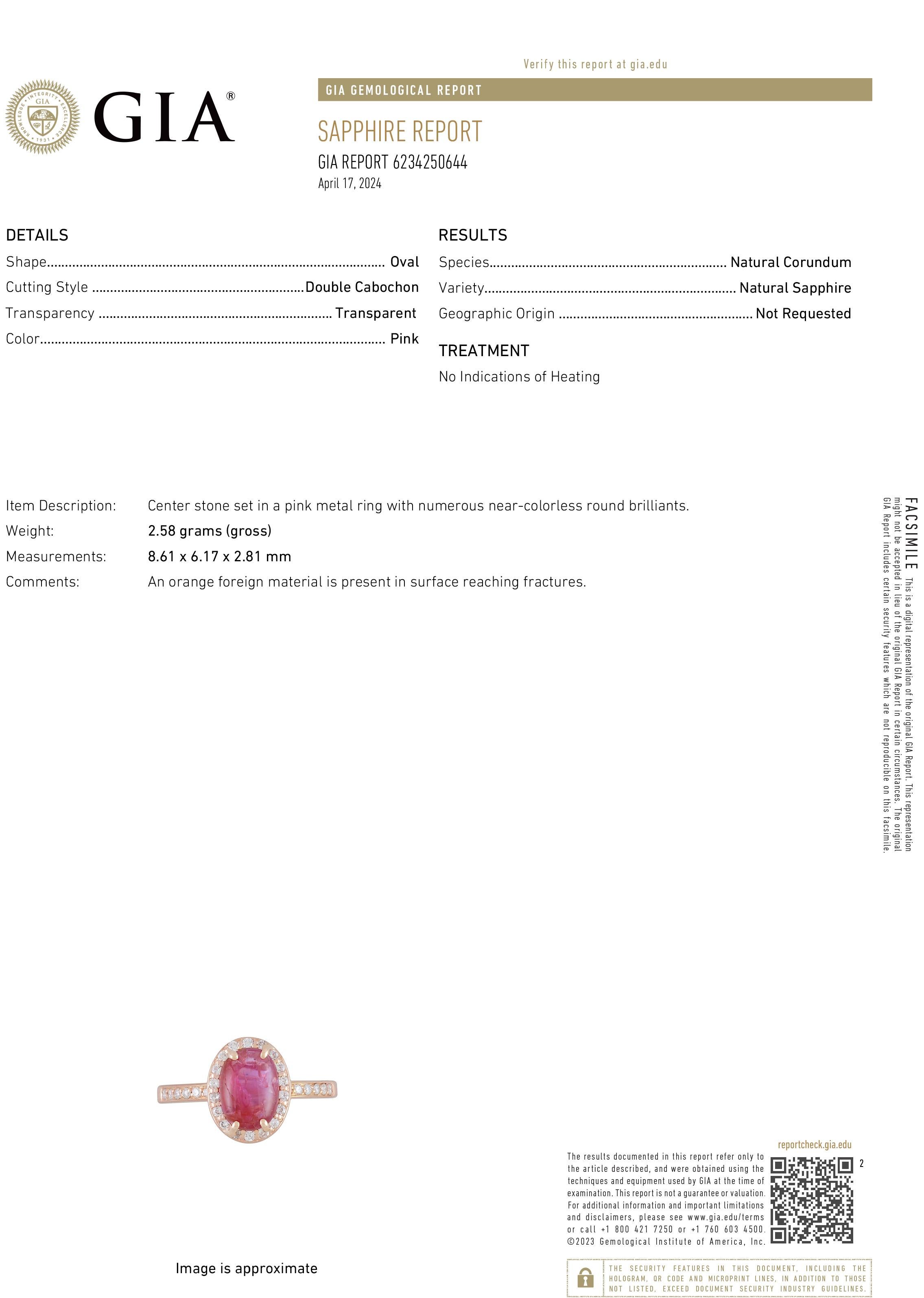 Contemporary Rose Gold GIA Certified No Heat Cabochon Burma Pink Sapphire Halo Diamond Ring For Sale