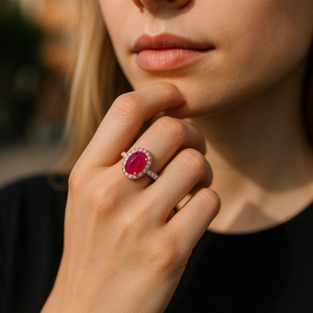 Indulge in the captivating beauty of this exquisite cocktail ring, meticulously crafted to offer elegance and sophistication.
Main Features:
Center Stone: A mesmerizing 1.60-carat cabochon Burma pink sapphire, certified by GIA (Gemological Institute
