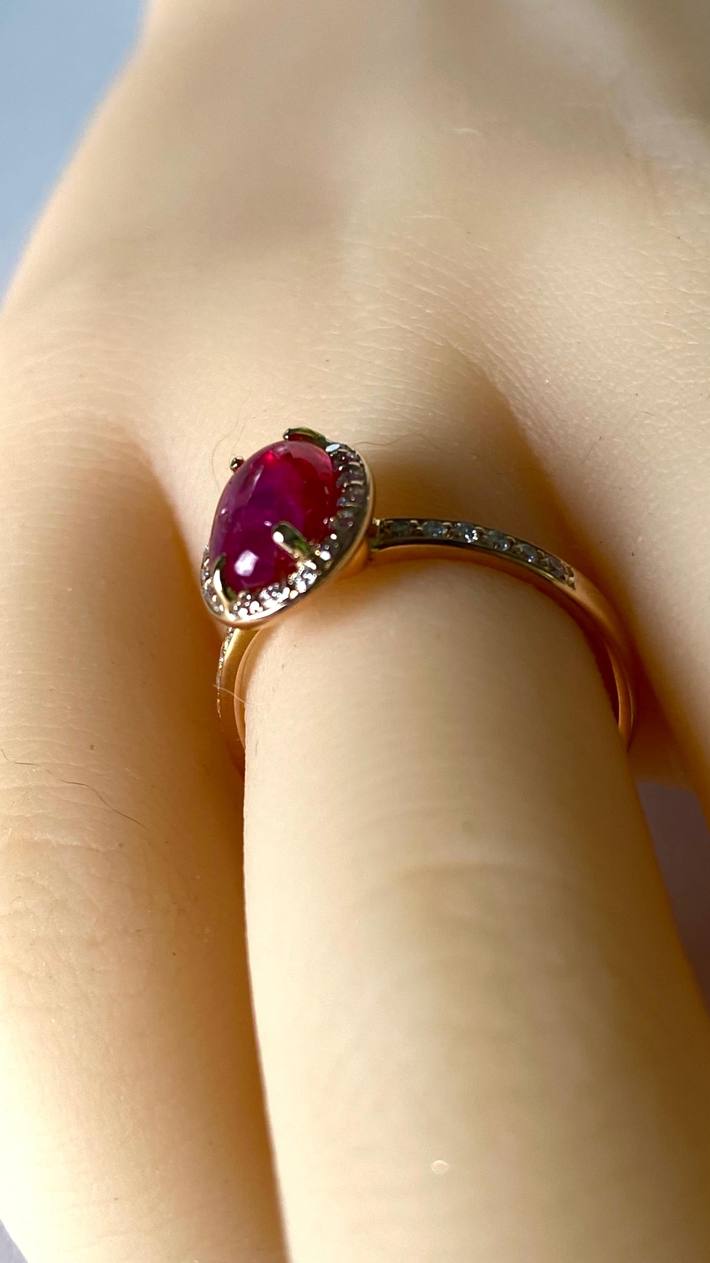Rose Gold GIA Certified No Heat Cabochon Burma Pink Sapphire Halo Diamond Ring For Sale 2