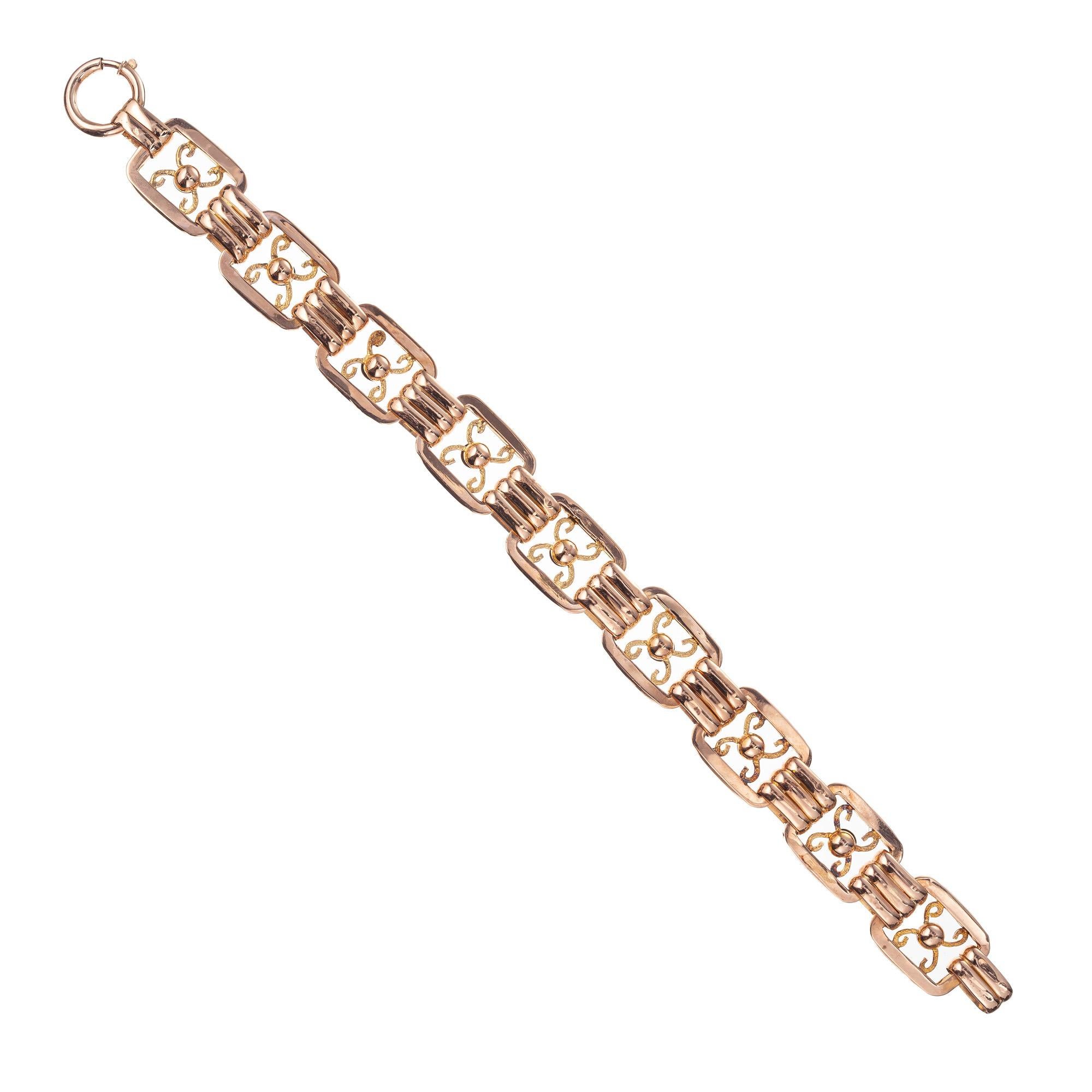 1950's Mid-Century handcrafted to perfection this rose gold rectangular link bracelet is meticulously crafted and is a truly elegant piece of fine jewelry. Tested 18k with a very deep rose color, this bracelet is a statement piece that effortlessly