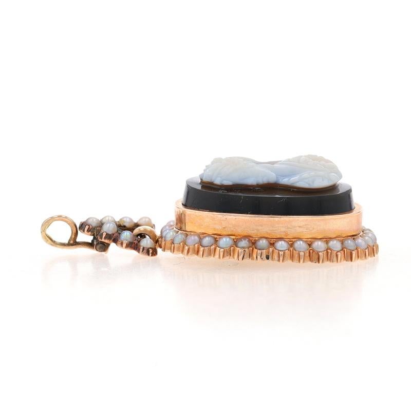 Bead Rose Gold Hardstone Banded Agate & Pearl Victorian Pendant - 14k Antique Cameo For Sale