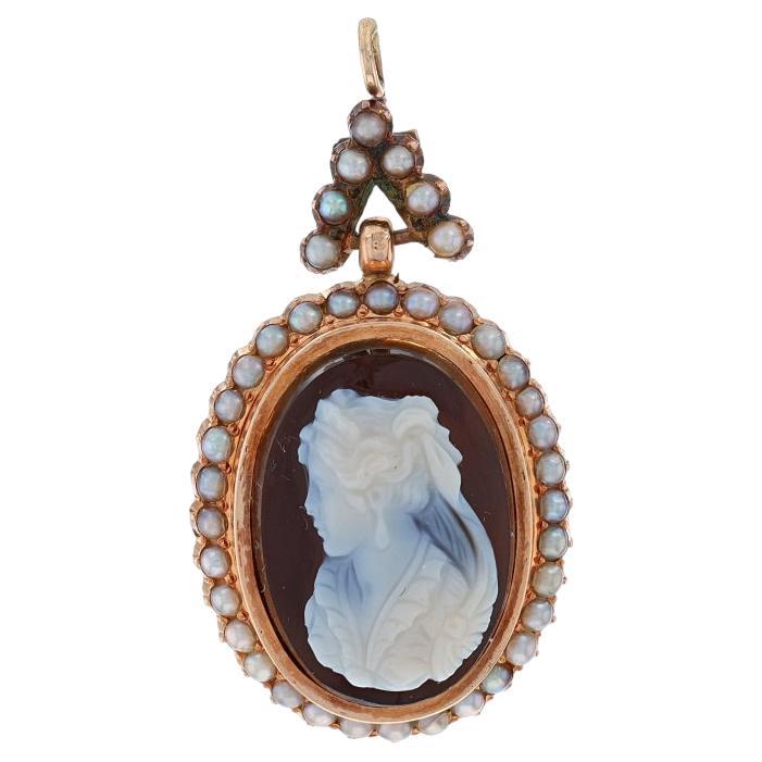 Rose Gold Hardstone Banded Agate & Pearl Victorian Pendant - 14k Antique Cameo For Sale