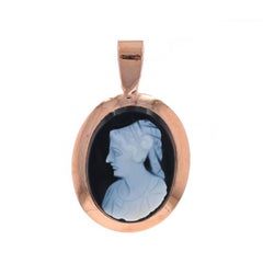 Ciondolo d'agata vintage in oro rosa - Silhouette di cammeo intagliata a 10k