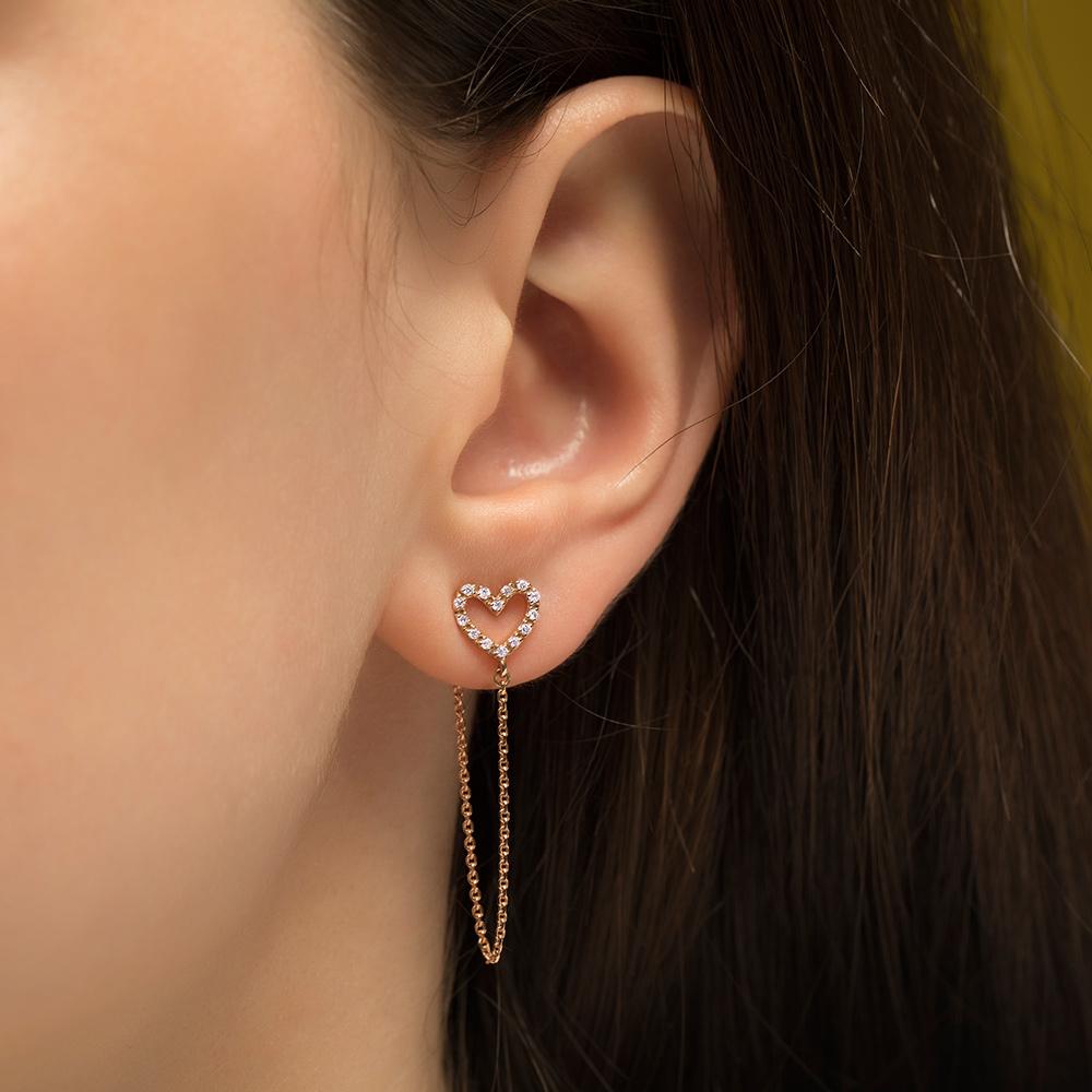 Brilliant Cut Rose Gold Heart-Shaped Earrings with Diamonds For Sale