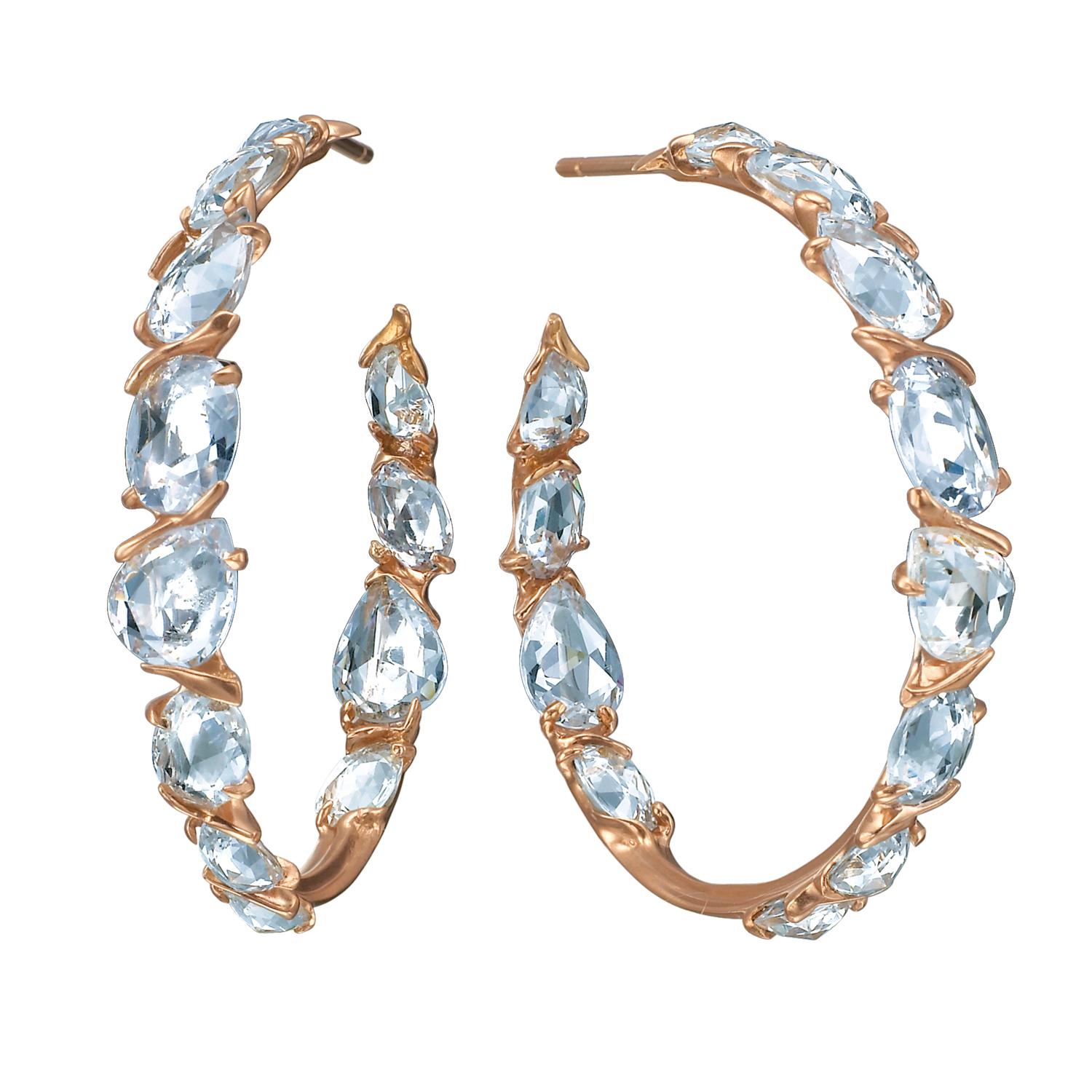 Rose Gold Hoop Earrings with Rose Cut White Sapphires For Sale