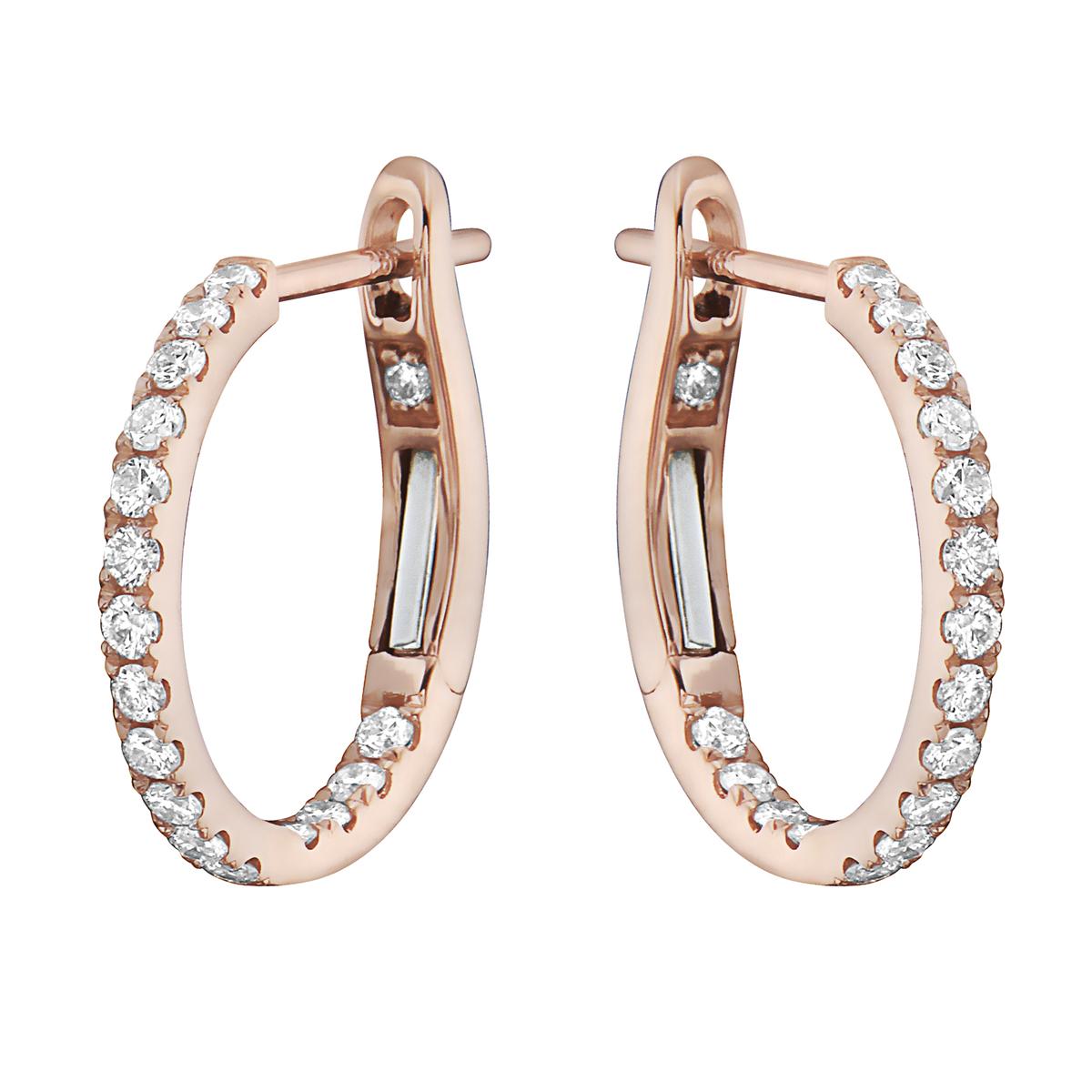 With these exquisite diamond earrings, style and glamour are in the spotlight. These rose gold hoop earrings are set in 14-karat gold and made from 2.1 grams of gold. The color of the diamonds is GH. The clarity is SI1. This piece is made out of 34