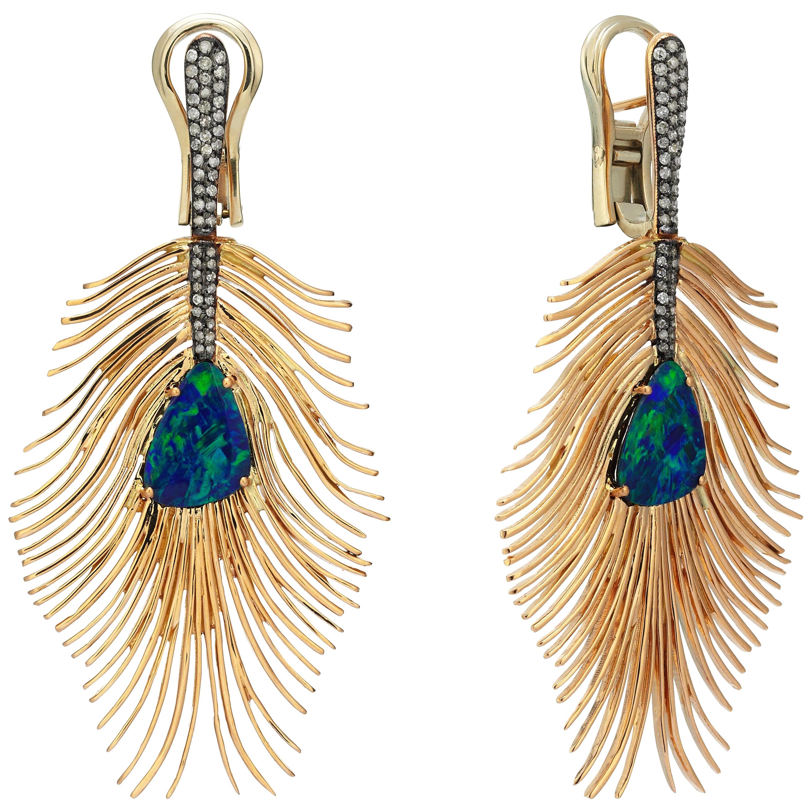 Rose Gold  Icy Diamond and Doublet Opal Peacock Earrings