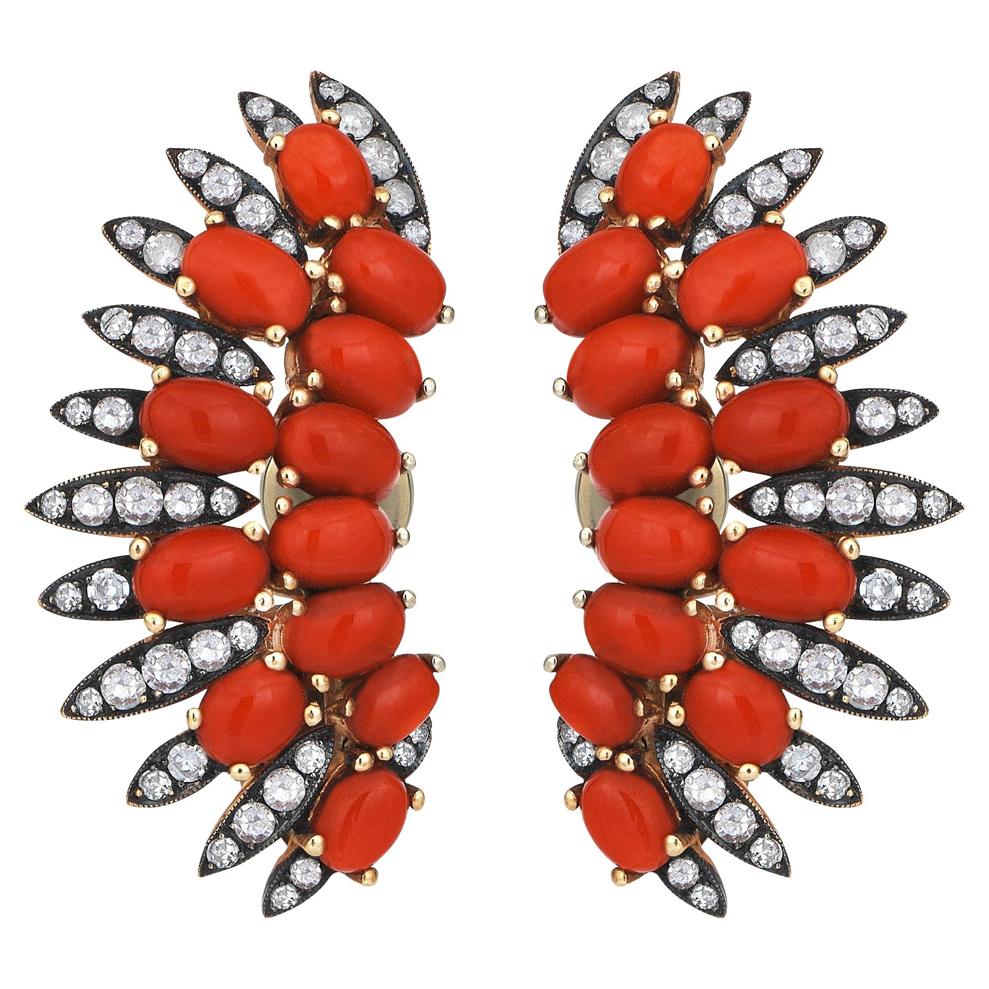 Rose Gold Icy Diamond Coral Angel's Wing Clip-on Earrings For Sale