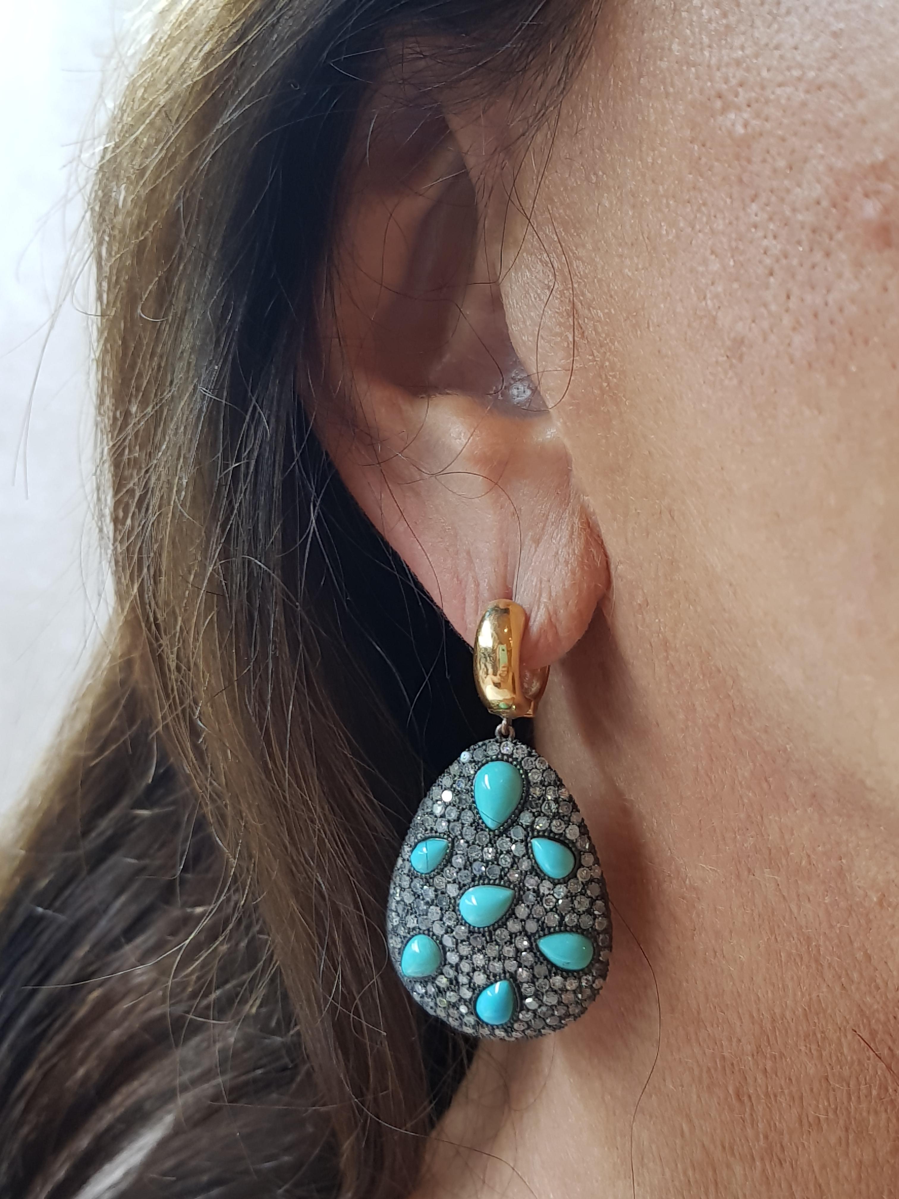 Contemporary Rose Gold Icy Diamond Turquoise Earring For Sale