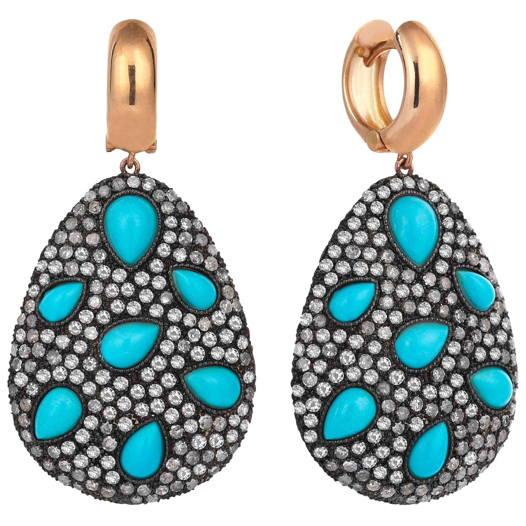 Rose Gold Icy Diamond Turquoise Earring For Sale