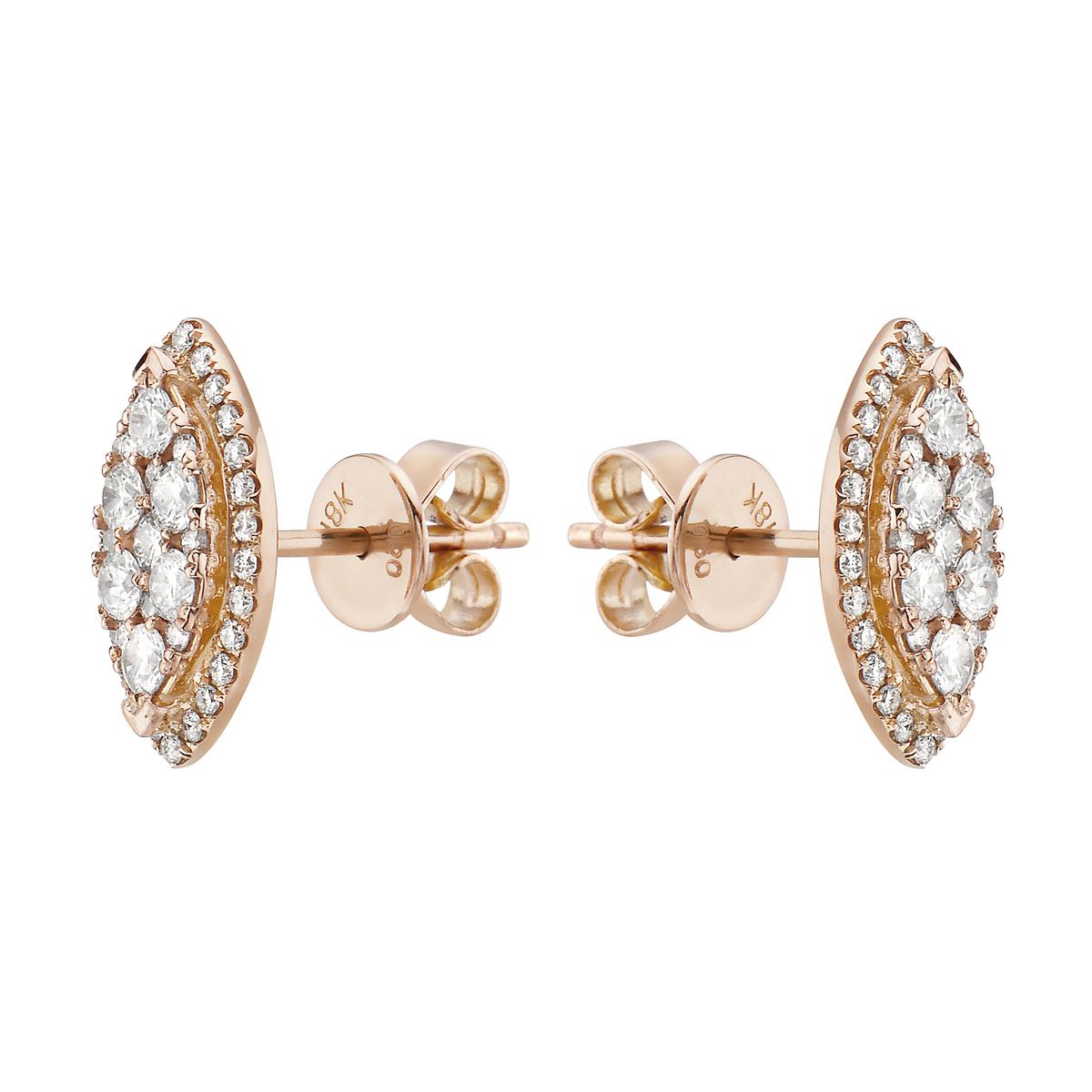 With these exquisite rose gold illusion diamond marquise-shaped earrings, style and glamour are in the spotlight. These 18-karat earrings are made from 3.0 grams of gold. These earrings are adorned with VS2-SI1, G color diamonds, made out of 82