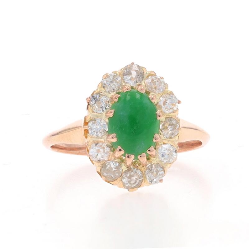 Size: 6
Sizing Fee: Up 3 sizes for $40 or Down 2 sizes for $30

Era: Art Deco
Date: 1920s - 1930s

Metal Content: 14k Rose Gold (band and prongs) & 14k Yellow Gold (halo top)

Stone Information
Natural Jadeite
Treatment: Routinely Enhanced
Carat(s):