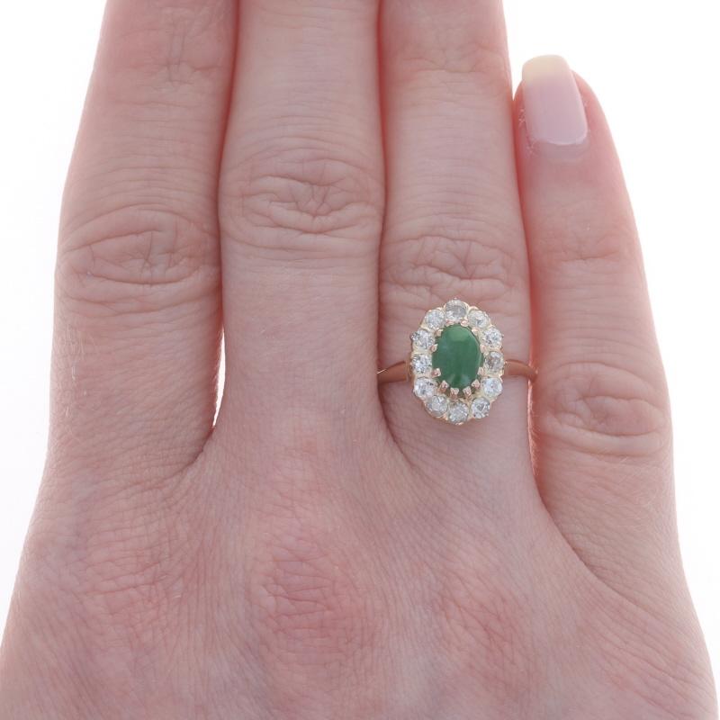 Rose Cut Rose Gold Jadeite & Diamond Art Deco Halo Ring 14k Cab1.80ctw Vintage Knife-Edge For Sale