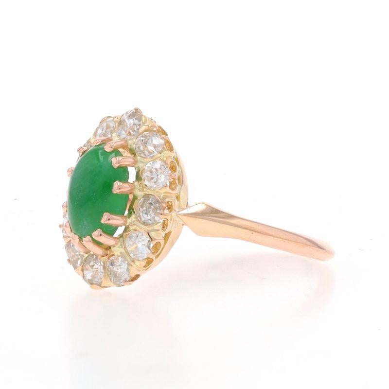 Rose Gold Jadeite & Diamond Art Deco Halo Ring 14k Cab1.80ctw Vintage Knife-Edge In Good Condition For Sale In Greensboro, NC