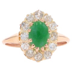 Anillo halo Art Decó de oro rosa con jadeíta y diamantes 14k Cab1,80ctw Vintage Knife-Edge