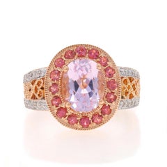 Rose Gold Kunzite, Tourmaline, & Diamond Halo Ring - 14k Oval 3.09ctw Milgrain