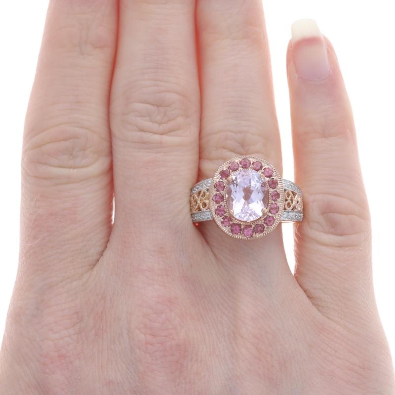 Roségold Kunzit, Turmalin & Diamant Halo-Ring - 14k Oval 3,09ctw Milgrain (Rosenschliff) im Angebot