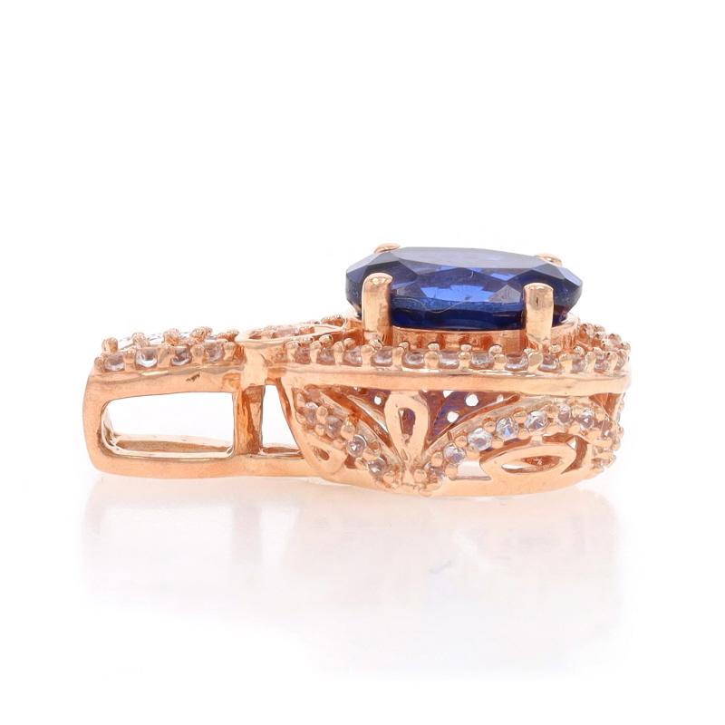 Oval Cut Rose Gold Lab Created Blue and White Sapphire Halo Pendant - 10k Oval 1.85ctw For Sale