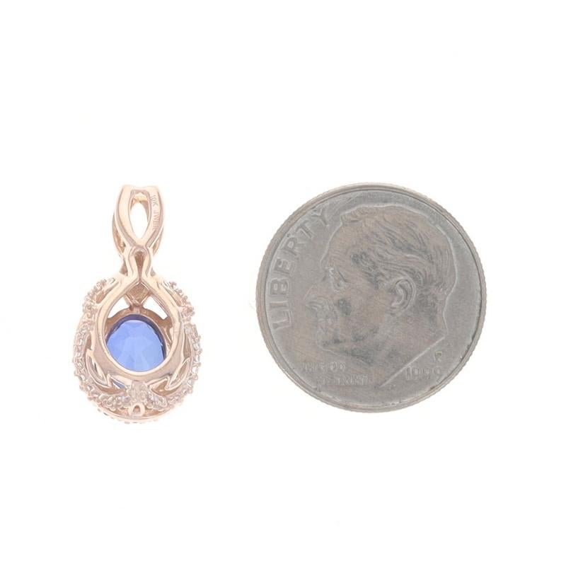 Rose Gold Lab Created Blue and White Sapphire Halo Pendant - 10k Oval 1.85ctw In Excellent Condition For Sale In Greensboro, NC