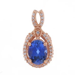 Rose Gold Lab Created Blue and White Sapphire Halo Pendant - 10k Oval 1.85ctw