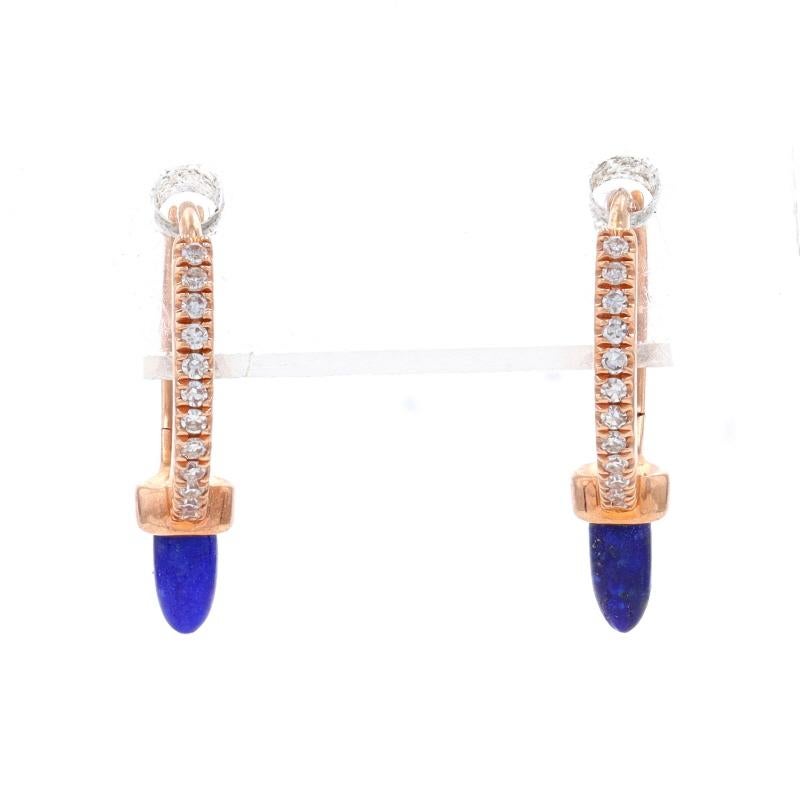 Rose Cut Rose Gold Lapis Lazuli & Diamond Huggie Hoop Earrings - 14k Bullet Cab .12ctw For Sale