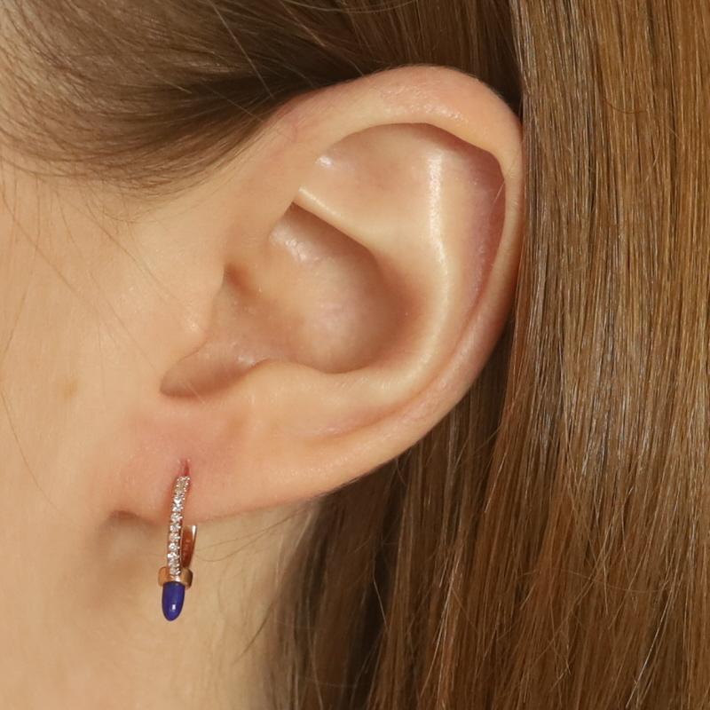 Rose Gold Lapis Lazuli & Diamond Huggie Hoop Earrings - 14k Bullet Cab .12ctw In New Condition For Sale In Greensboro, NC