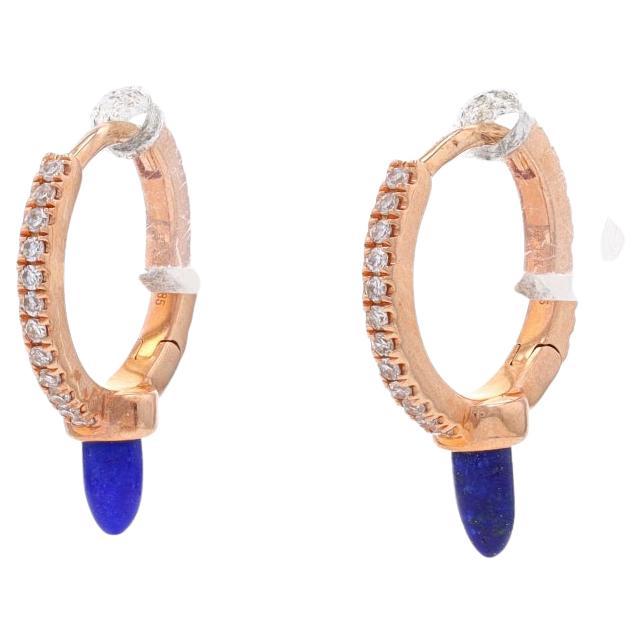 Rose Gold Lapis Lazuli & Diamond Huggie Hoop Earrings - 14k Bullet Cab .12ctw For Sale