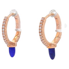 Rose Gold Lapis Lazuli & Diamond Huggie Hoop Earrings - 14k Bullet Cab .12ctw