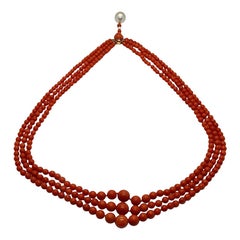 Rose Gold, Mediterranean Red Coral and Pearls 3 Strands Necklace