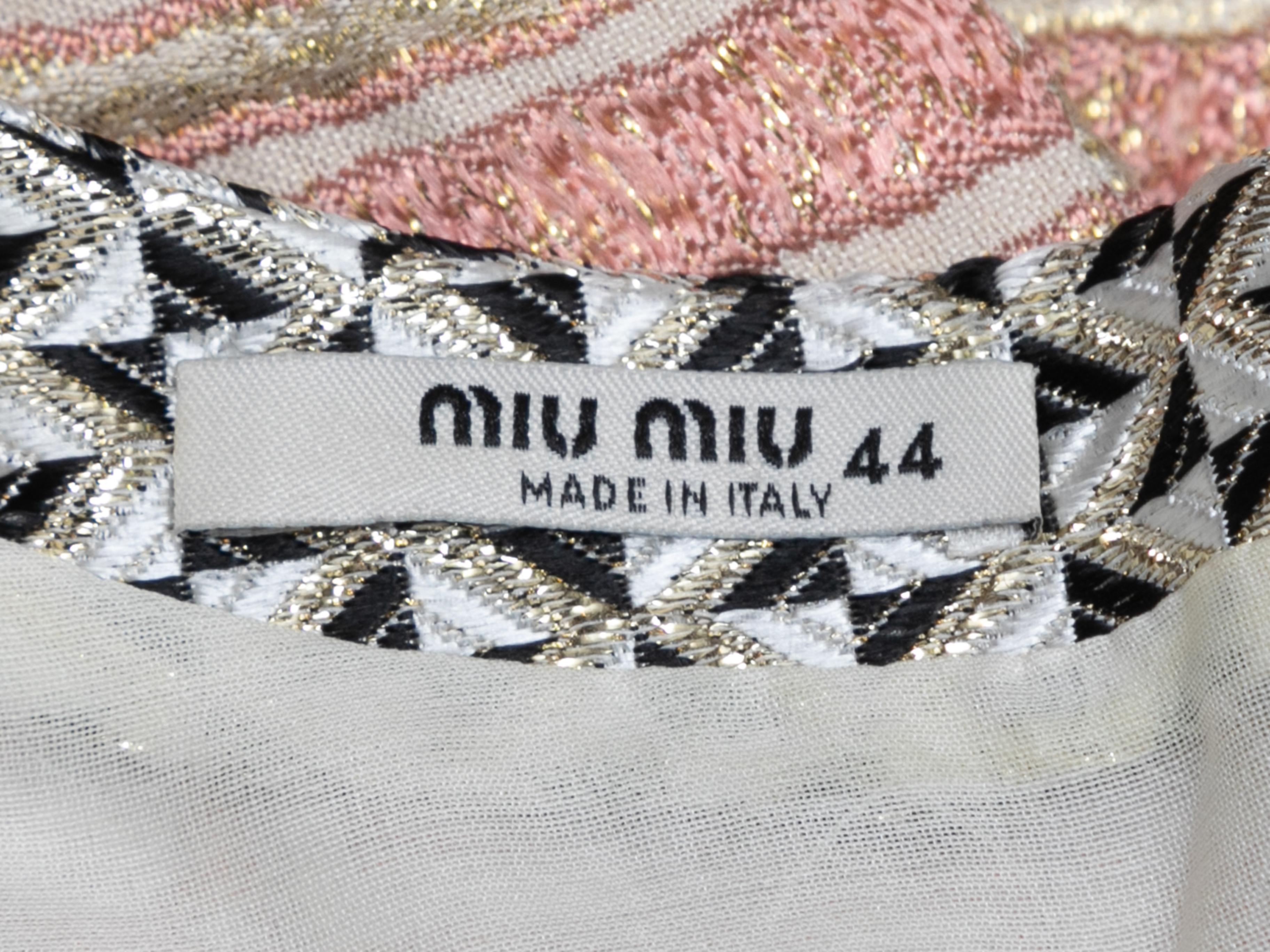 Rose and gold metallic jacquard sleeveless mini dress by Miu Miu. Abstract patterns throughout. Scoop neckline. Zip closure at back. 32