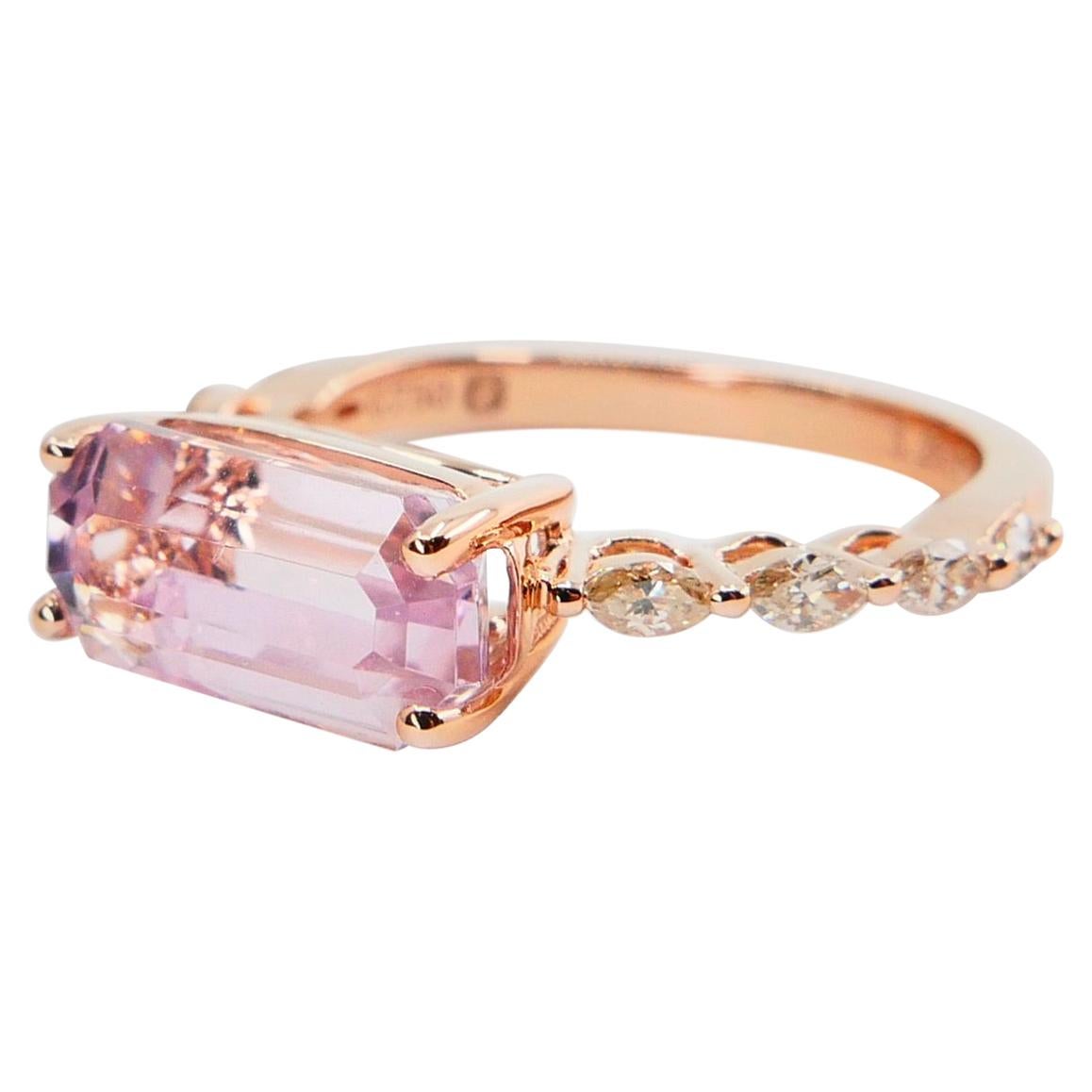 Emerald Cut 12mm x 5.5mm Modified Step Cut Baby Pink Kunzite & Diamond Ring. 18k Rose Gold. For Sale